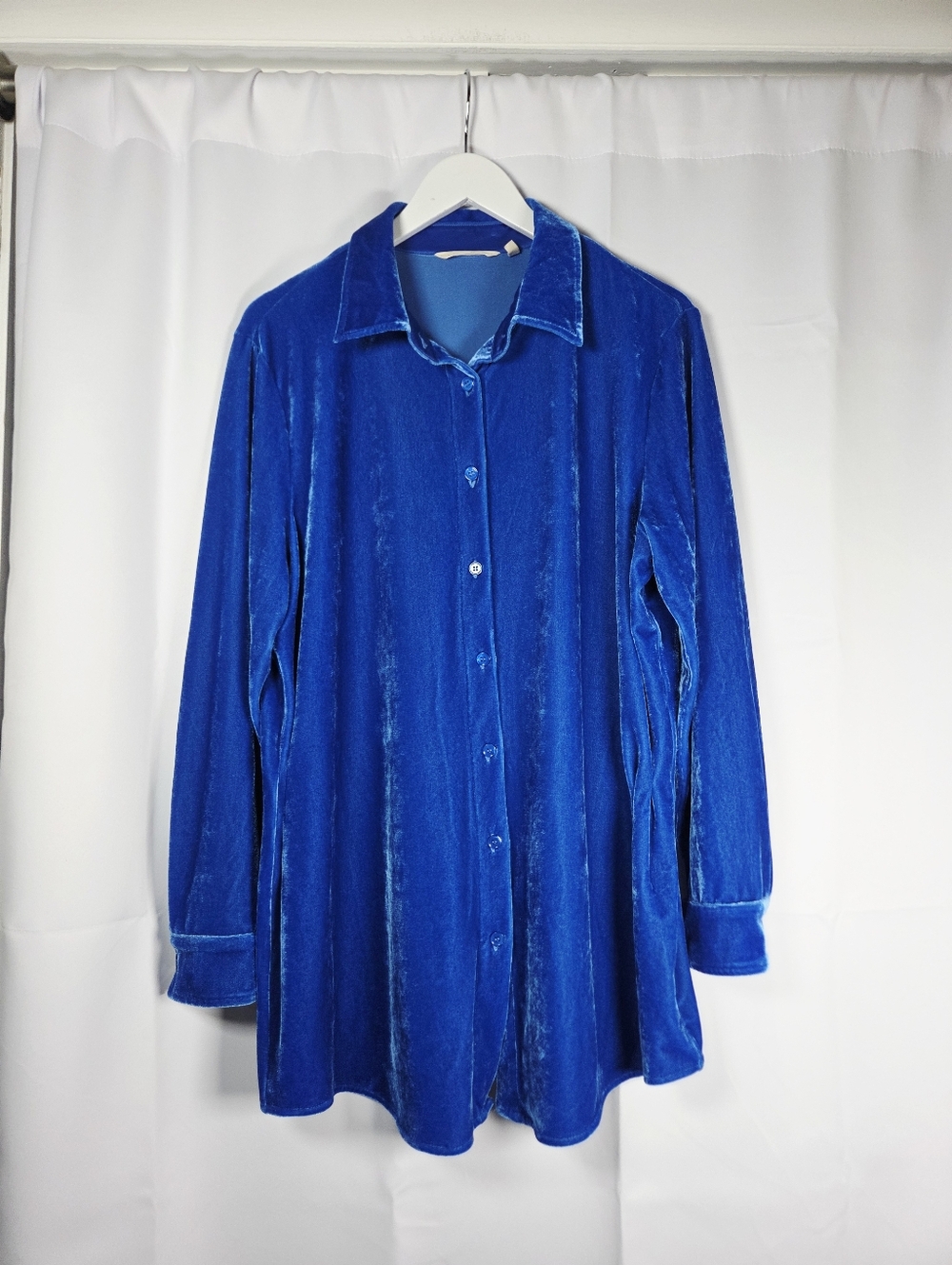 Soft Surroundings Blue Velour Boyfriend Button Down Shirt Women's L